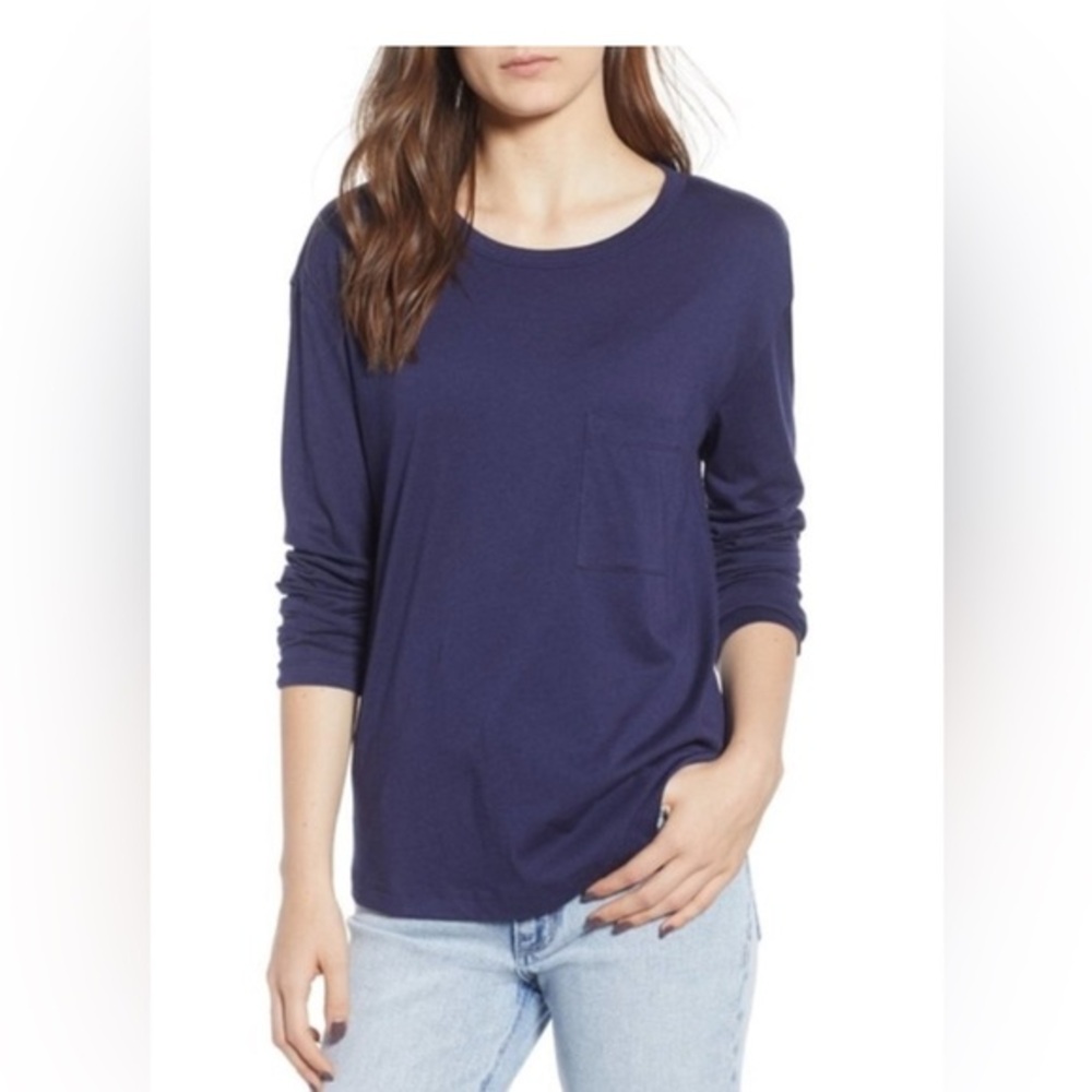 NWT BP. S Navy Slouchy Fit Crewneck Long Sleeve Pocket Tee Women Nordstrom